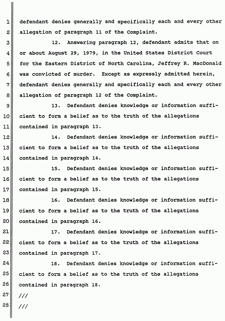 June 1988: Answer of Dorothy MacDonald to Second Amended Complaint of Mildred Kassab  to Establish and Enforce Constructive Trust, p. 3 of 10
