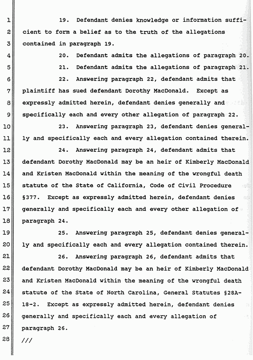 June 1988: Answer of Dorothy MacDonald to Second Amended Complaint of Mildred Kassab  to Establish and Enforce Constructive Trust, p. 4 of 10