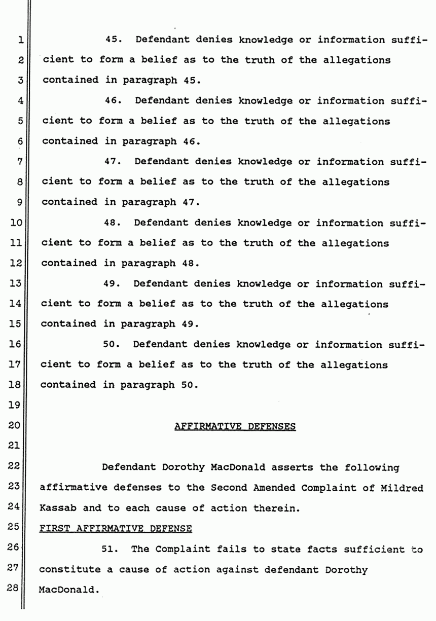June 1988: Answer of Dorothy MacDonald to Second Amended Complaint of Mildred Kassab  to Establish and Enforce Constructive Trust, p. 7 of 10