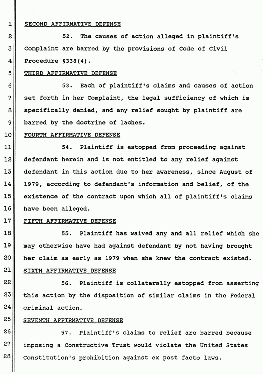 June 1988: Answer of Dorothy MacDonald to Second Amended Complaint of Mildred Kassab  to Establish and Enforce Constructive Trust, p. 8 of 10