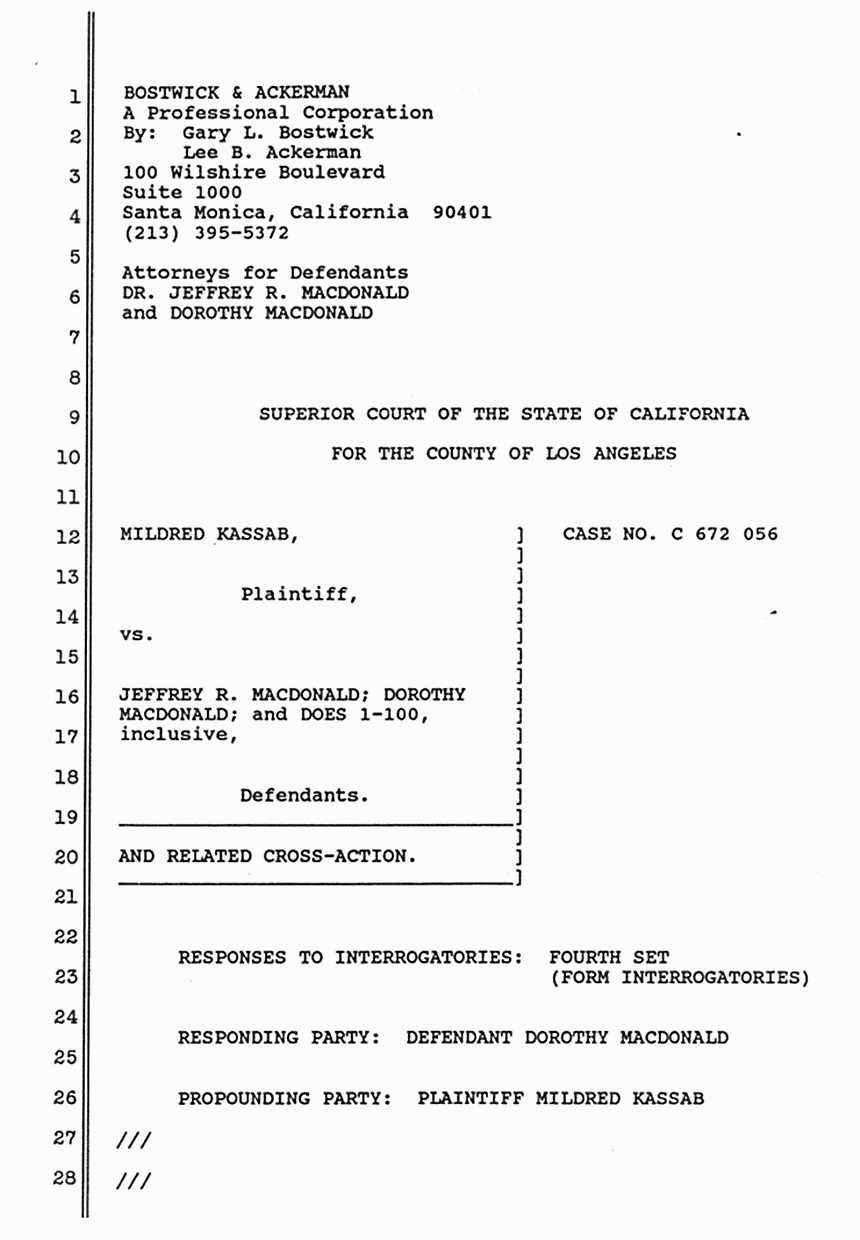 September 14, 1988: Responses of Dorothy MacDonald to Interrogatories, Fourth Set (Form Interrogatories), p. 1 of 5