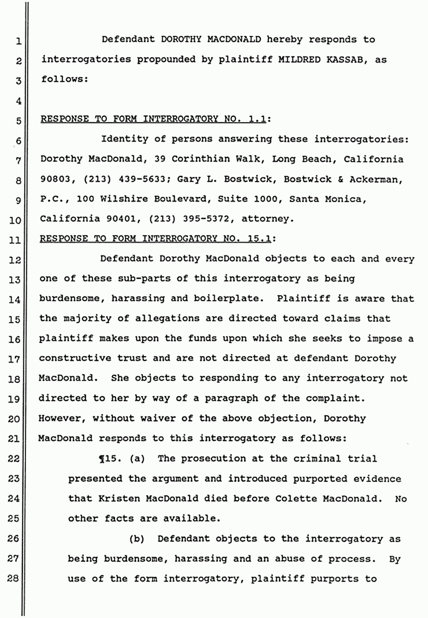 September 14, 1988: Responses of Dorothy MacDonald to Interrogatories, Fourth Set (Form Interrogatories), p. 2 of 5