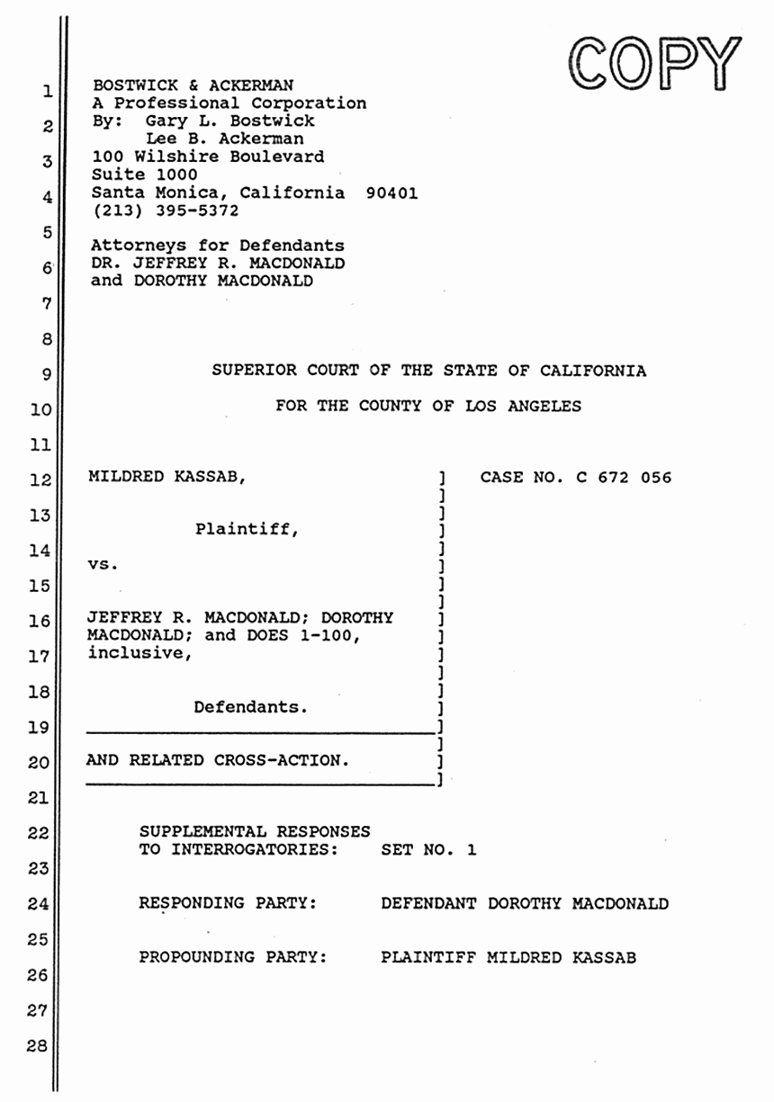 November 1988: Supplemental Responses of Dorothy MacDonald to Interrogatories, p. 1 of 6