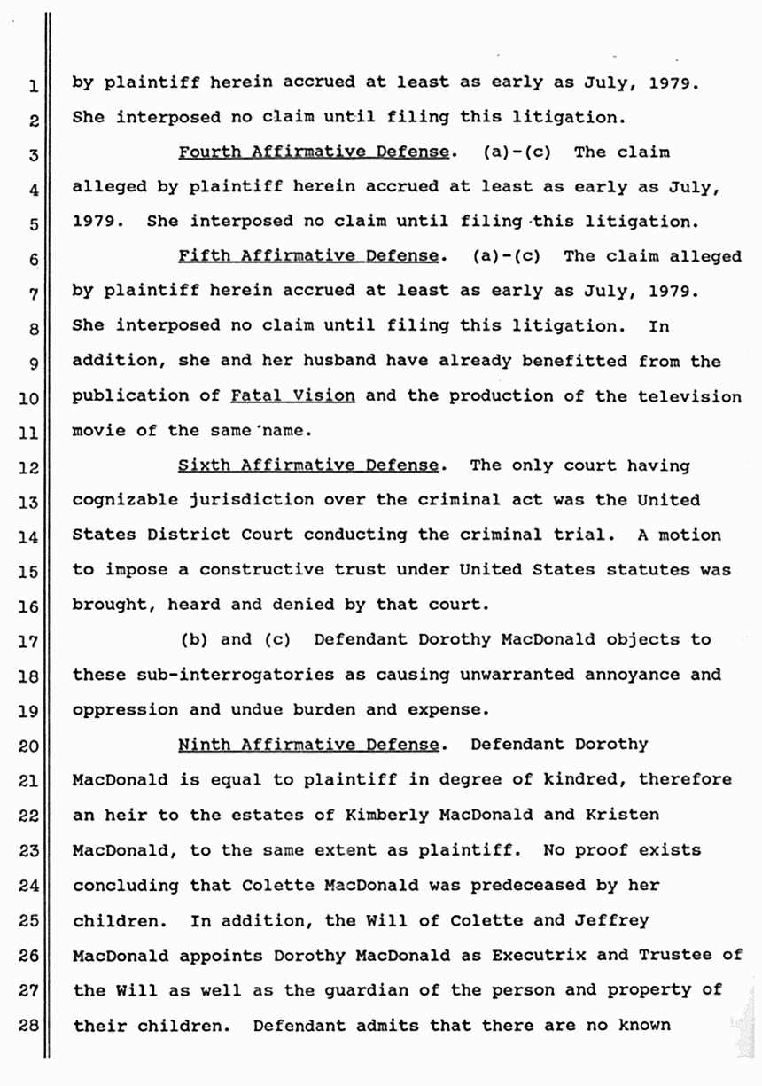 November 1988: Supplemental Responses of Dorothy MacDonald to Interrogatories, p. 5 of 6