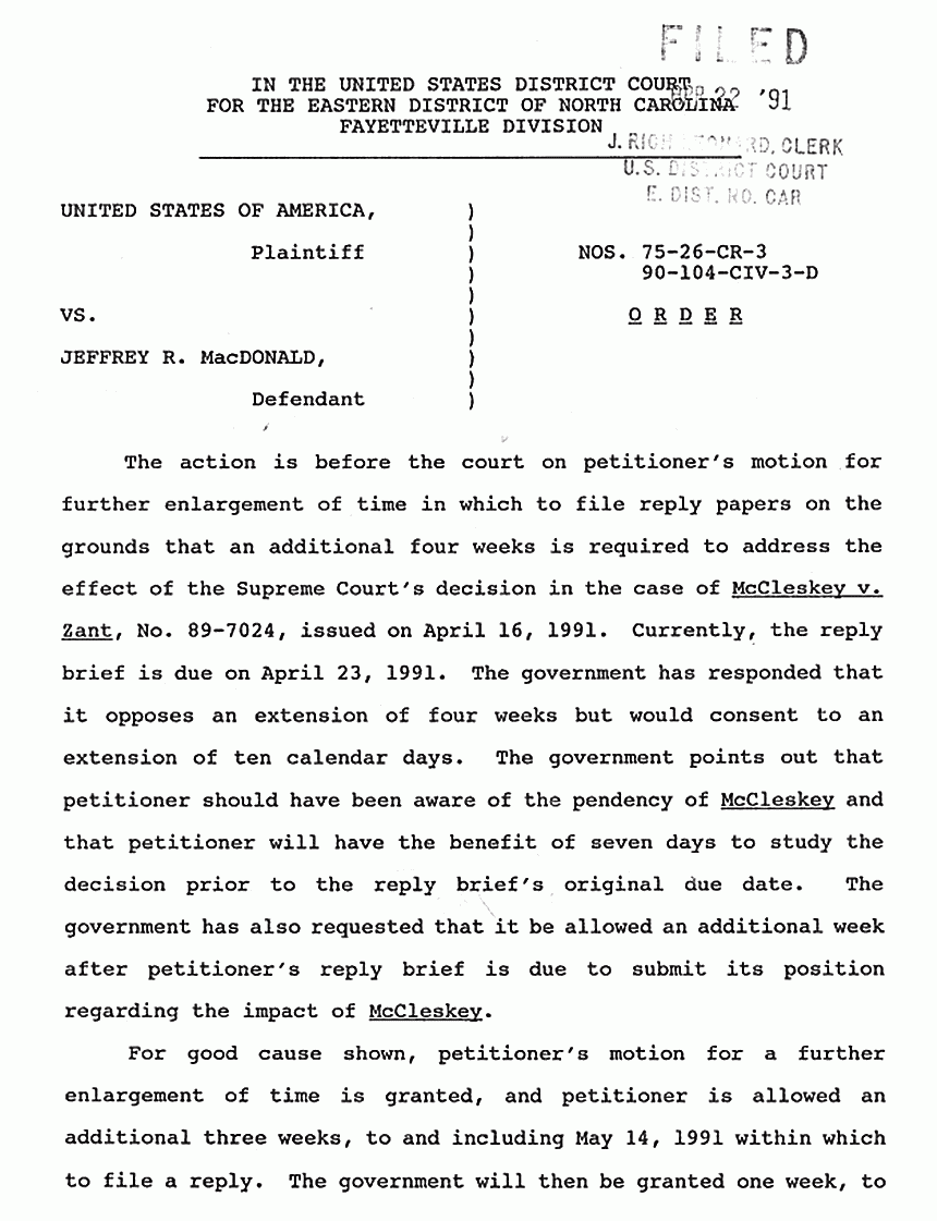 April 22, 1991: Order Granting Defendant Additional Time to File Reply Papers and Process Effect of Supreme Court's Decision re: McClesky v. Zant, p. 1 of 2