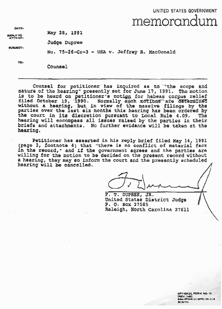 May 28, 1991: Memorandum from Judge Dupree re: Hearing scheduled for June 17, 1991