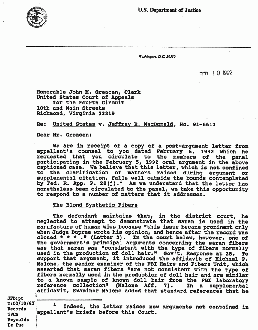 February 10, 1992: Letter from John DePue to the Honorable John Graecen, Clerk, p. 1 of 5