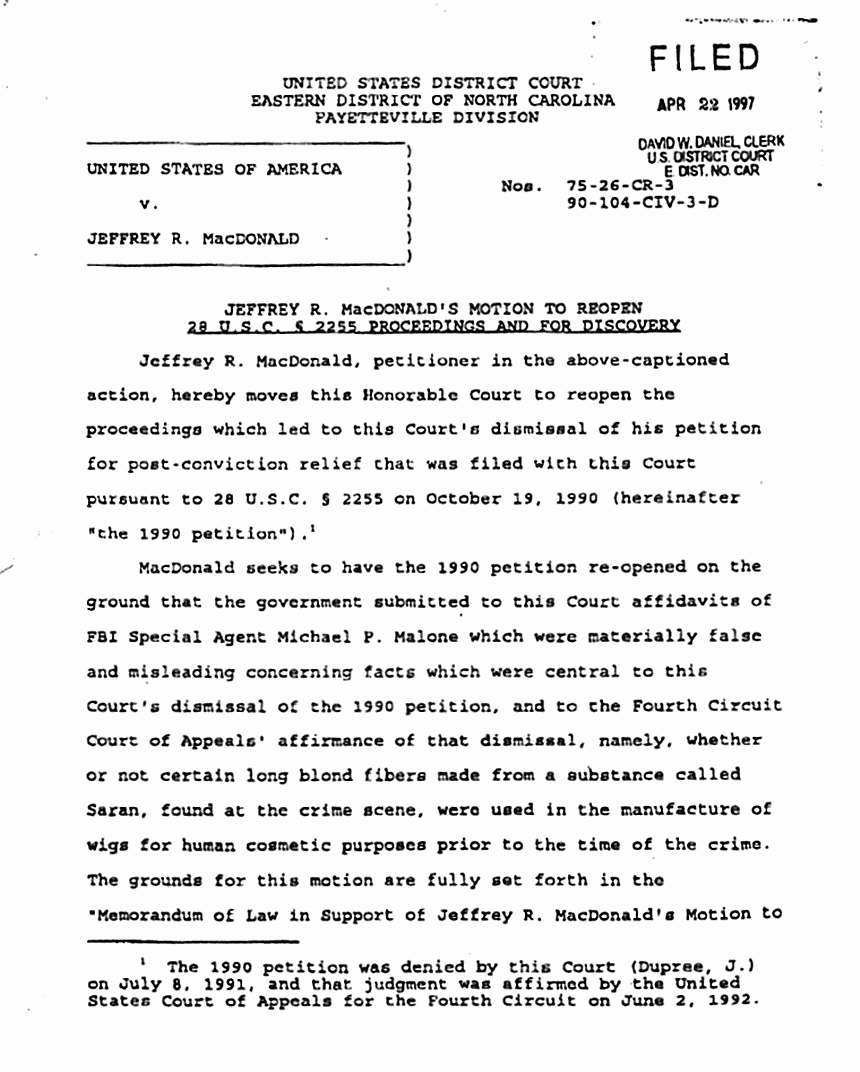 April 22, 1997: Jeffrey MacDonald's Motion to Reopen 28 U.S.C. Section 2255 Proceedings and For Discovery, p. 1 of 5