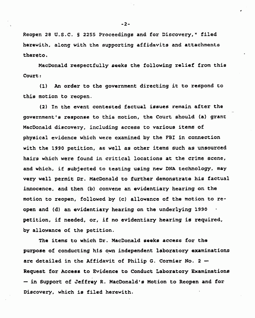 April 22, 1997: Jeffrey MacDonald's Motion to Reopen 28 U.S.C. Section 2255 Proceedings and For Discovery, p. 2 of 5