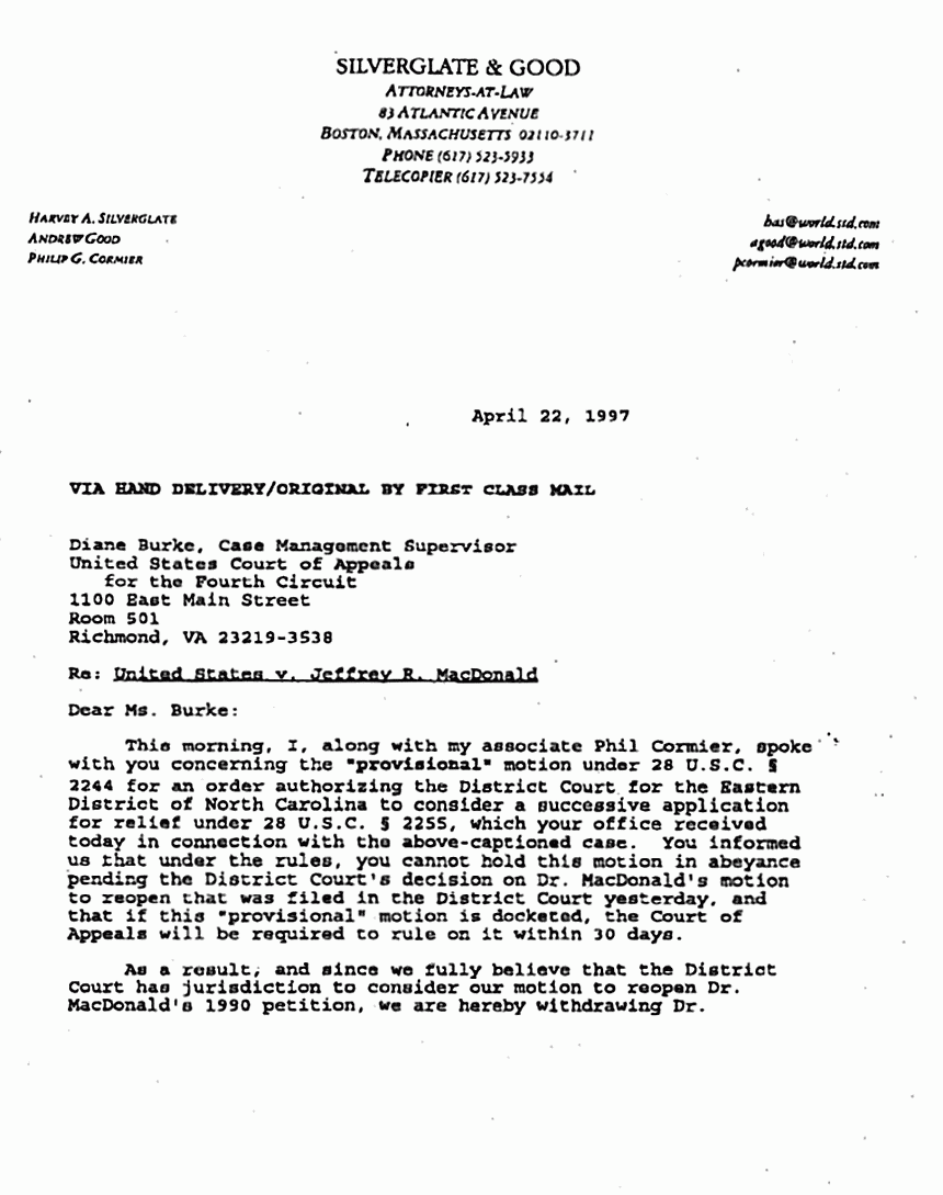 April 23, 1997: Letter from Harvey Silverglate to Diane Burke re: Withdrawal of Jeffrey MacDonald's Provisional Motion, p. 1 of 2