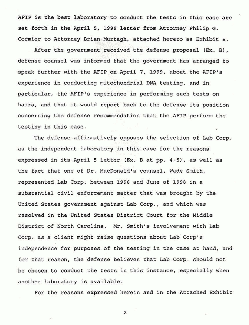 April 7, 1999: Jeffrey MacDonald's Report Concerning Selection of an Independent Laboratory to Conduct DNA Testing, p. 2 of 4