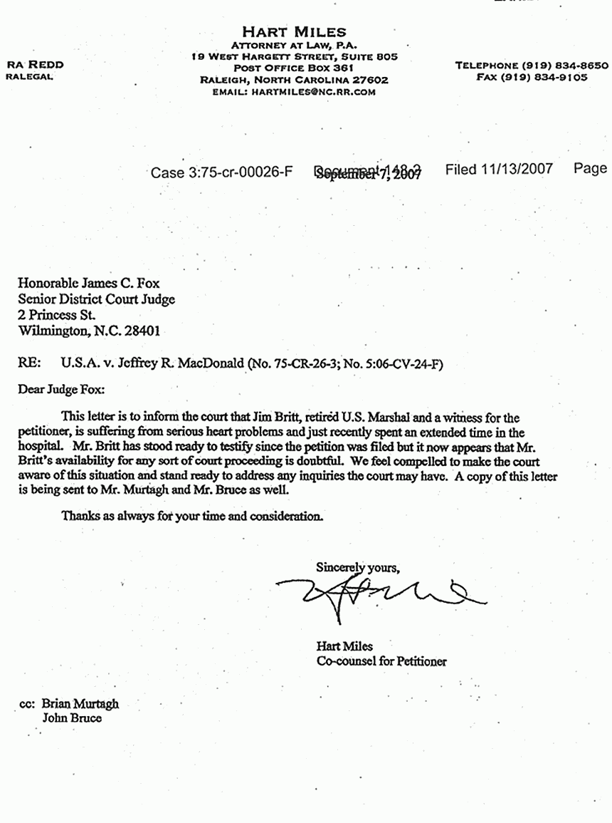 September 7, 2007: Letter from Hart Miles to Judge Fox (EDNC) re: Jimmy Britt's health