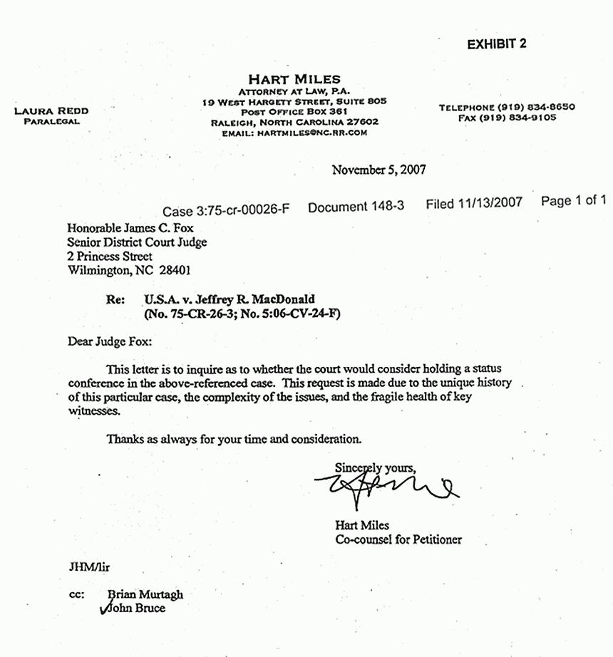 November 5, 2007: Letter from Hart Miles to Judge Fox (EDNC) re: Consideration of Status Conference