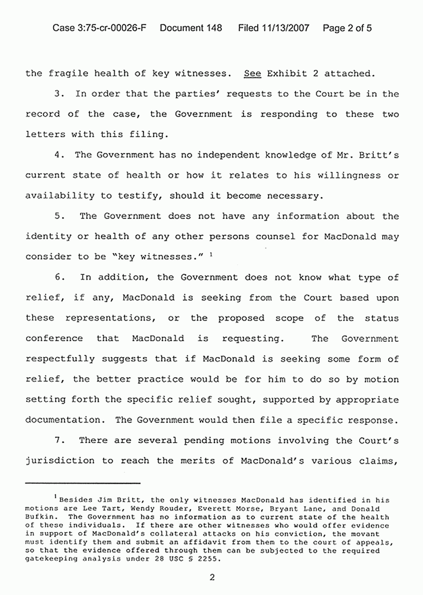 November 13, 2007: Response of the United States to Request of Movant re: Consideration of Status Conference, p. 2 of 5