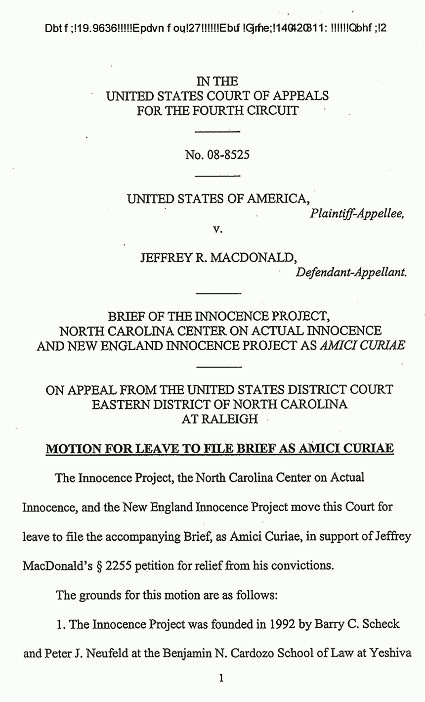 March 31, 2009: U. S. Court of Appeals for the Fourth Circuit: Motion of the Innocence Project, the North Carolina Center of Actual Innocence, and the New England Innocence Project for Leave to File Brief as Amicus Curiae, p. 1 of 5