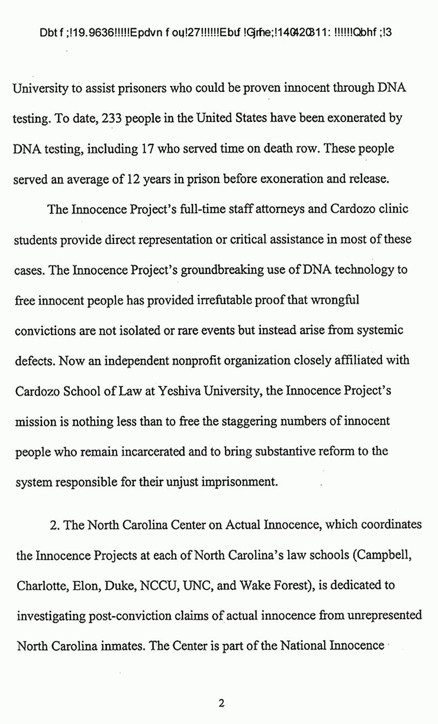 March 31, 2009: U. S. Court of Appeals for the Fourth Circuit: Motion of the Innocence Project, the North Carolina Center of Actual Innocence, and the New England Innocence Project for Leave to File Brief as Amicus Curiae, p. 2 of 5