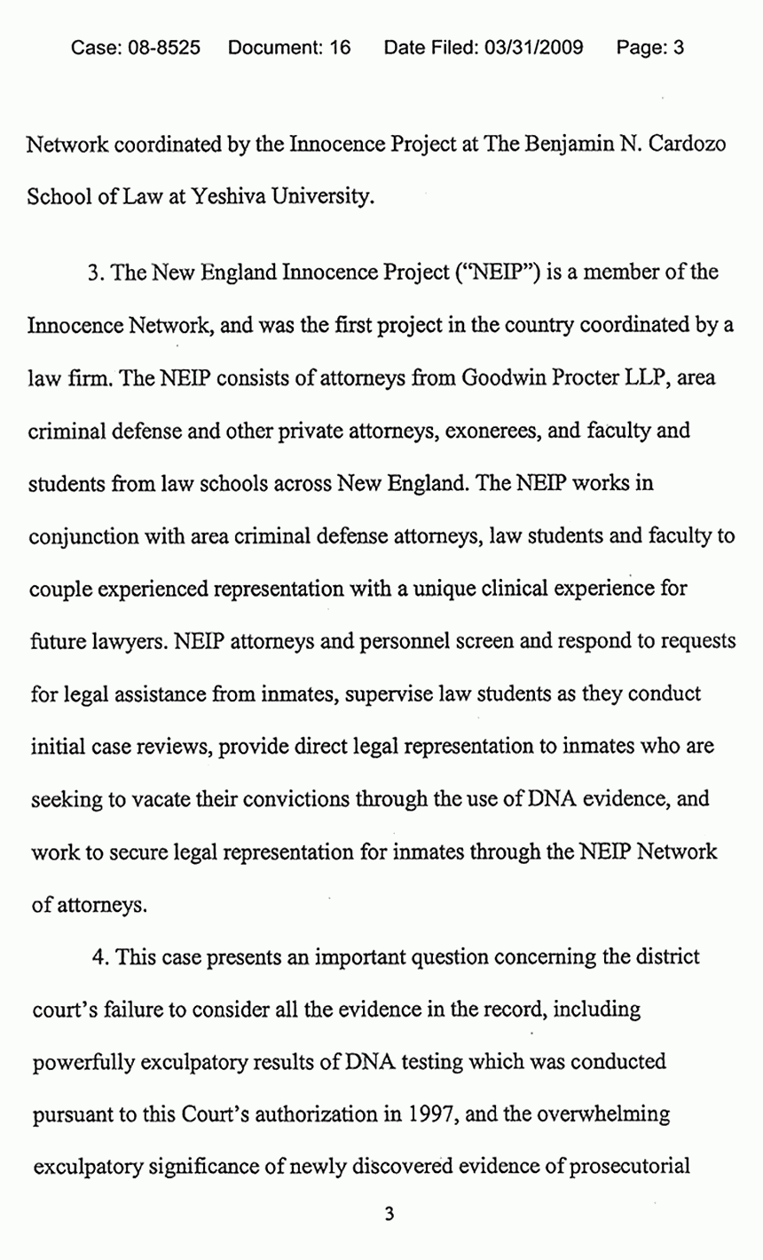March 31, 2009: U. S. Court of Appeals for the Fourth Circuit: Motion of the Innocence Project, the North Carolina Center of Actual Innocence, and the New England Innocence Project for Leave to File Brief as Amicus Curiae, p. 3 of 5
