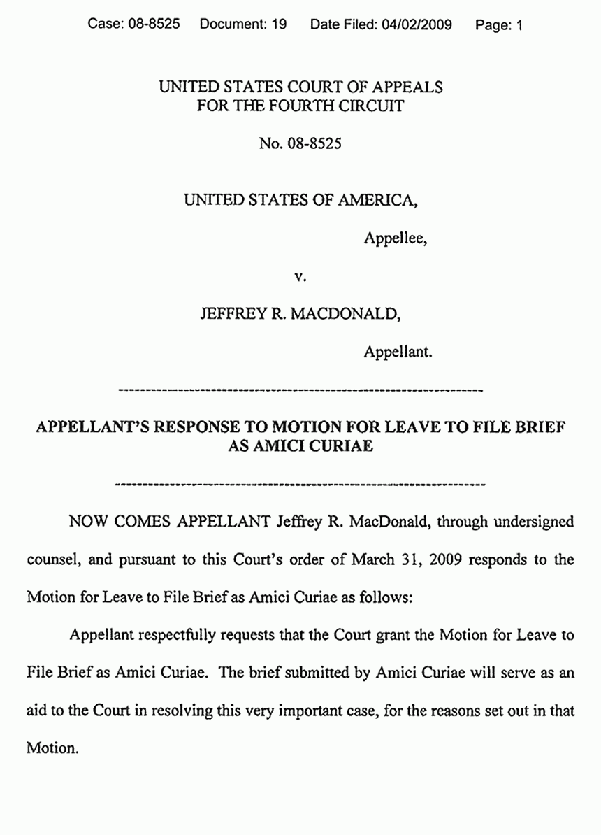 April 2, 2009: Appellant's Response to Motion for Leave to File Brief as Amicus Curiae, p. 1 of 2
