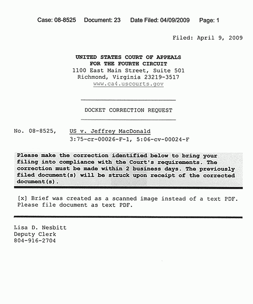 April 9, 2009: U. S. Court of Appeals for the Fourth Circuit: Docket Correction Request