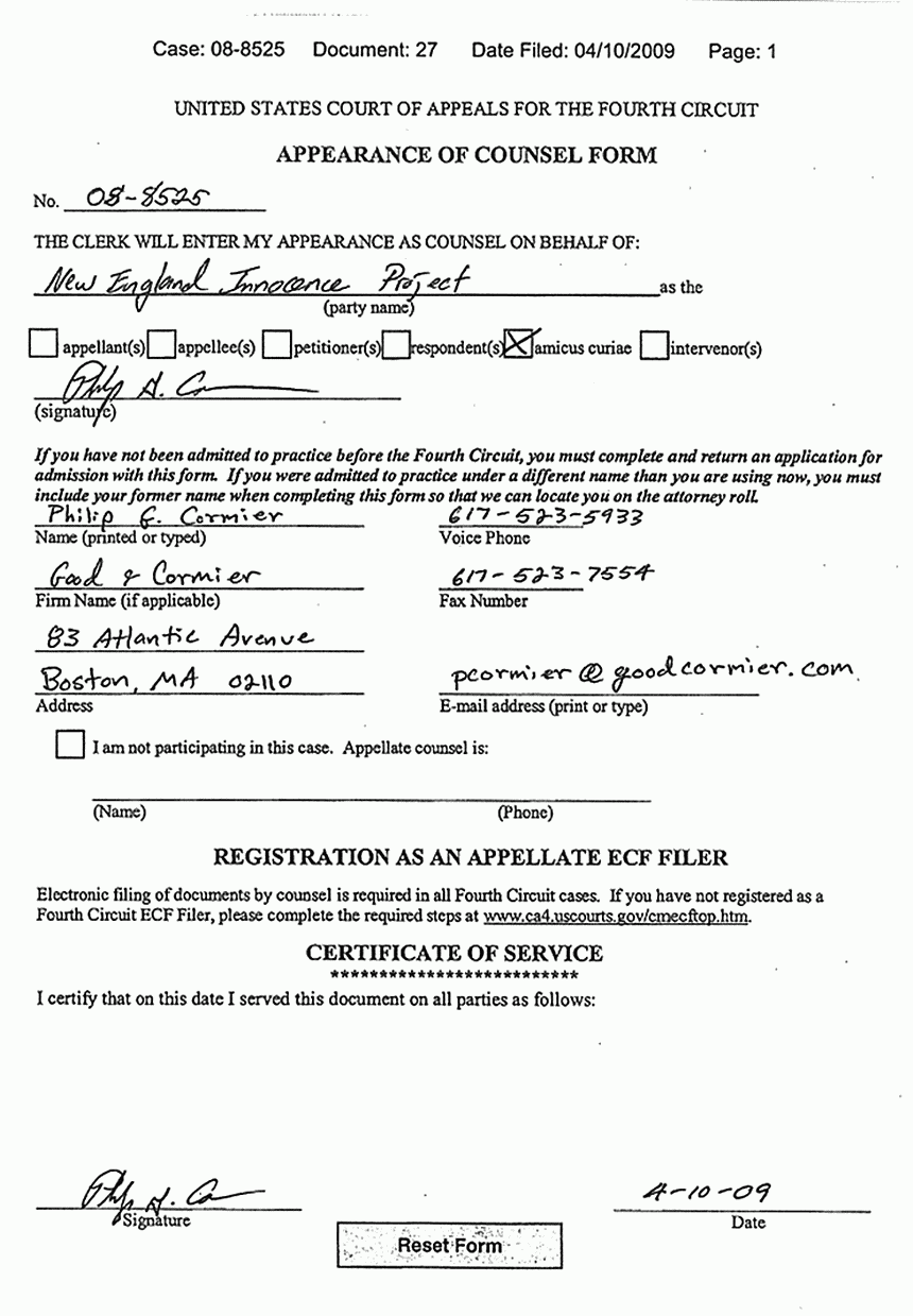 April 10, 2009: U. S. Court of Appeals for the Fourth Circuit: Appearance of Counsel Form for Philip Cormier on Behalf of New England Innocence Project