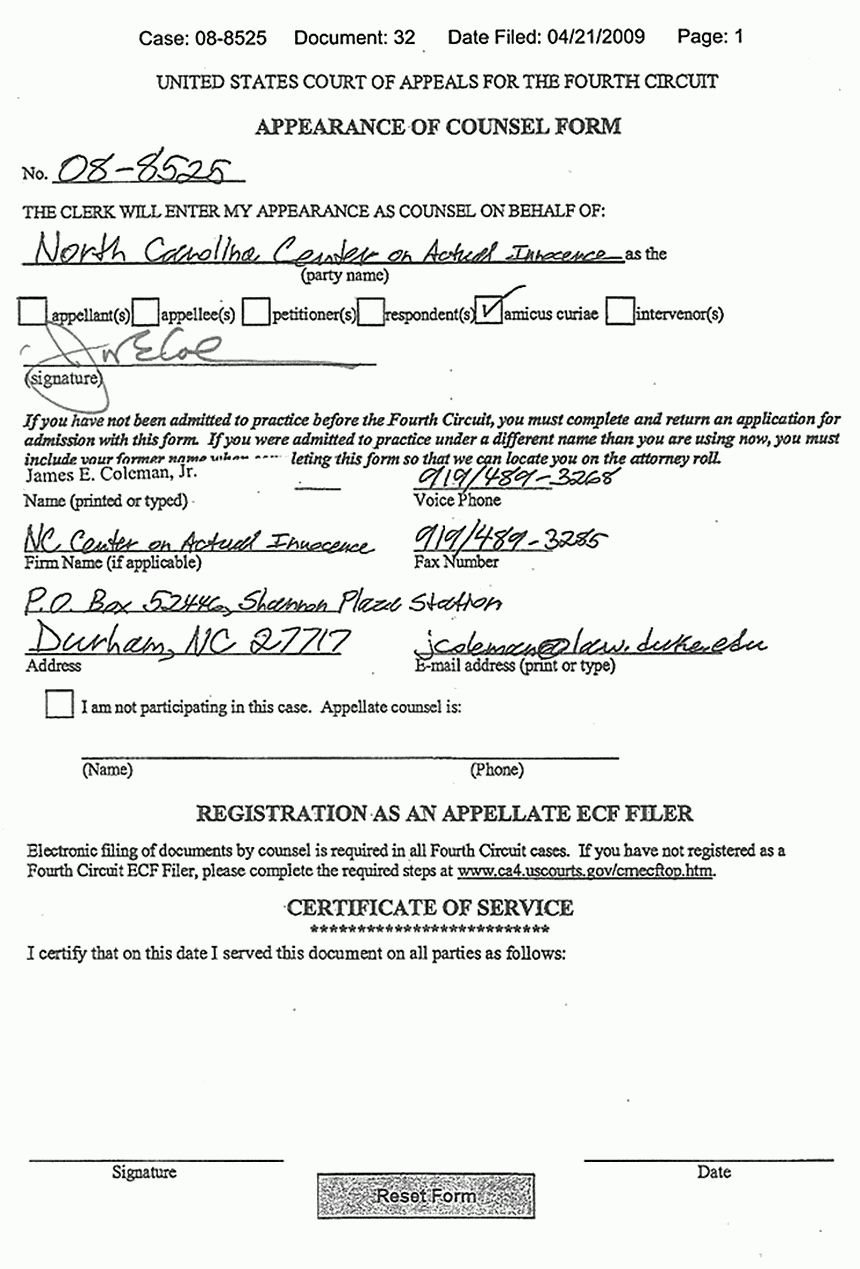 April 21, 2009: U. S. Court of Appeals for the Fourth Circuit: Appearance of Counsel Form for James Coleman on Behalf of North Carolina Center on Actual Innocence
