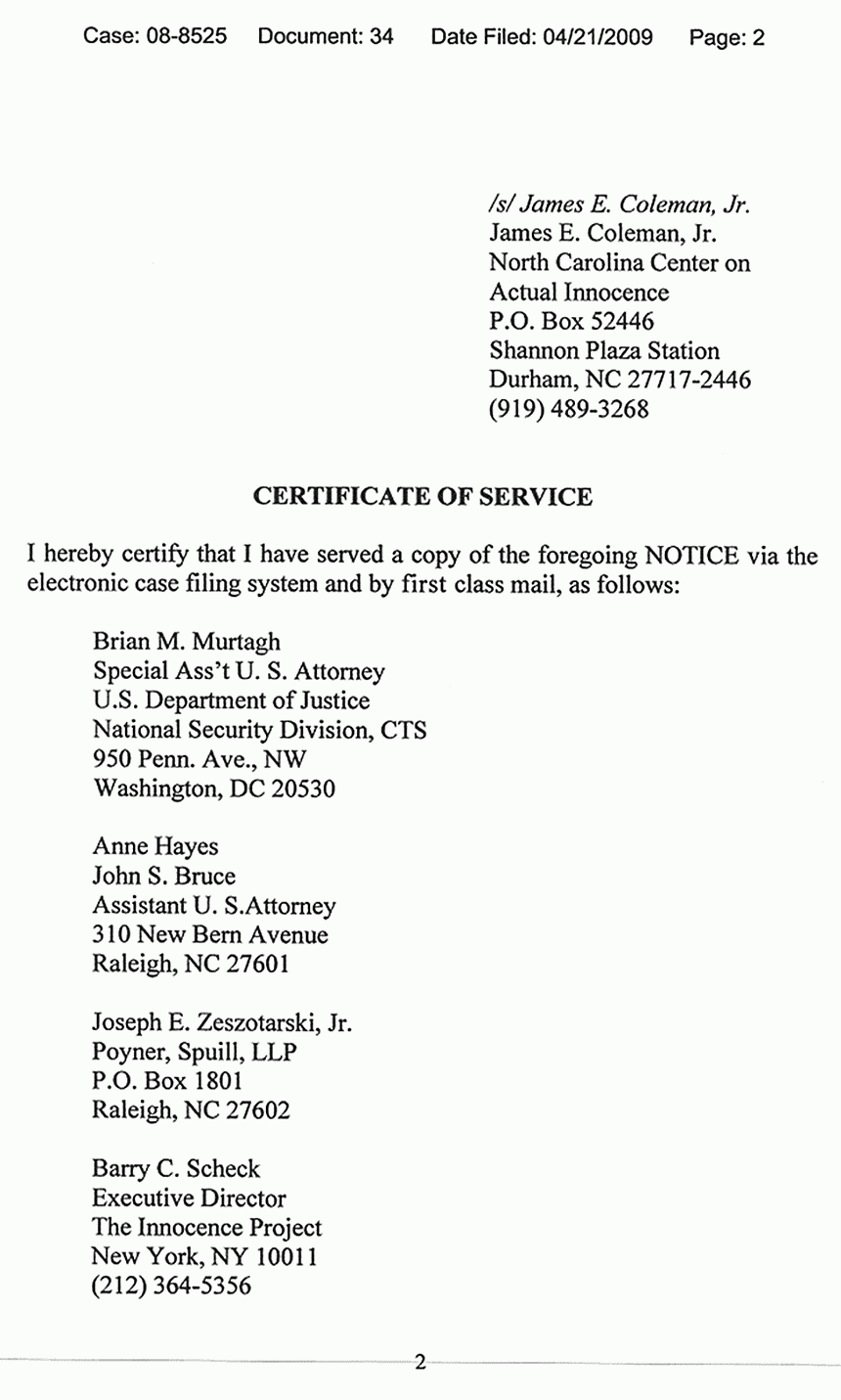 April 21, 2009: U. S. Court of Appeals for the Fourth Circuit: Notice of Substitute Signatory [James Coleman for Christine Mumma] for Amici North Carolina Center on Actual Innocence, p. 2 of 3