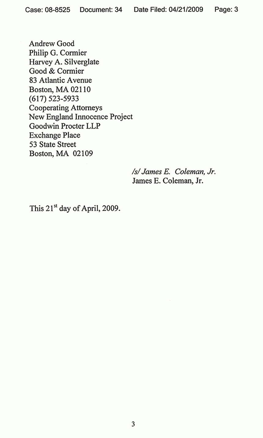 April 21, 2009: U. S. Court of Appeals for the Fourth Circuit: Notice of Substitute Signatory [James Coleman for Christine Mumma] for Amici North Carolina Center on Actual Innocence, p. 3 of 3