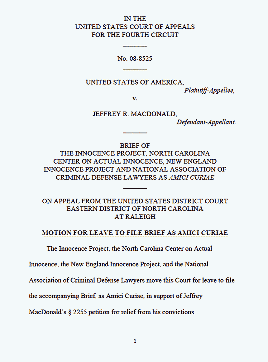 June 15, 2010: Motion of the Innocence Project, the North Carolina Center on Actual Innocence, the New England Innocence Project, and the National Association of Criminal Defense Lawyers to File Brief as Amici Curiae, p. 1 of 7
