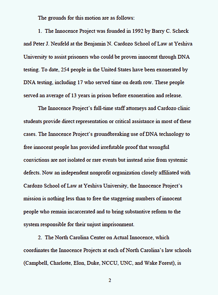 June 15, 2010: Motion of the Innocence Project, the North Carolina Center on Actual Innocence, the New England Innocence Project, and the National Association of Criminal Defense Lawyers to File Brief as Amici Curiae, p. 2 of 7