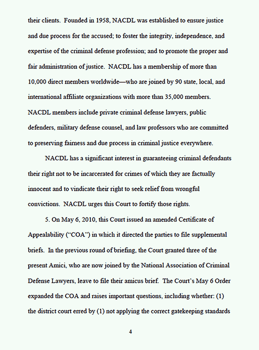 June 15, 2010: Motion of the Innocence Project, the North Carolina Center on Actual Innocence, the New England Innocence Project, and the National Association of Criminal Defense Lawyers to File Brief as Amici Curiae, p. 4 of 7