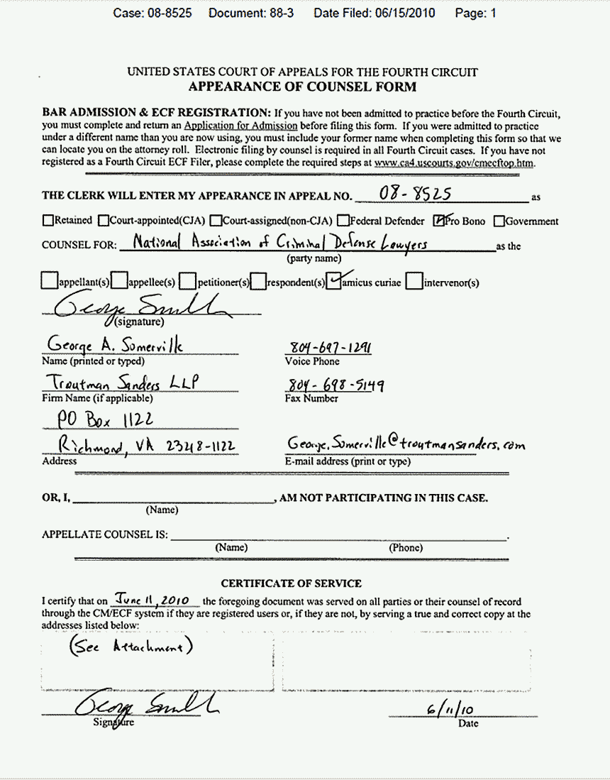 June 15, 2010: Appearnace of Counsel Form for George Somerville, National Association of Criminal Defense Lawyers, as Amicus Curiae (signed June 11, 2010), p. 1 of 2