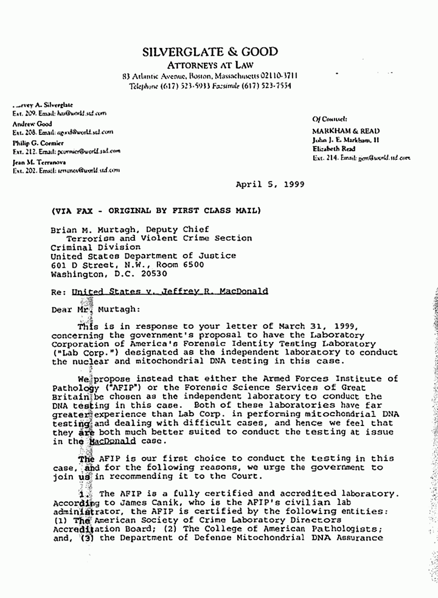 April 5, 1999: Letter from Philip Cormier to Brian Murtagh re: Defense's choice of lab for DNA testing, p. 1 of 6