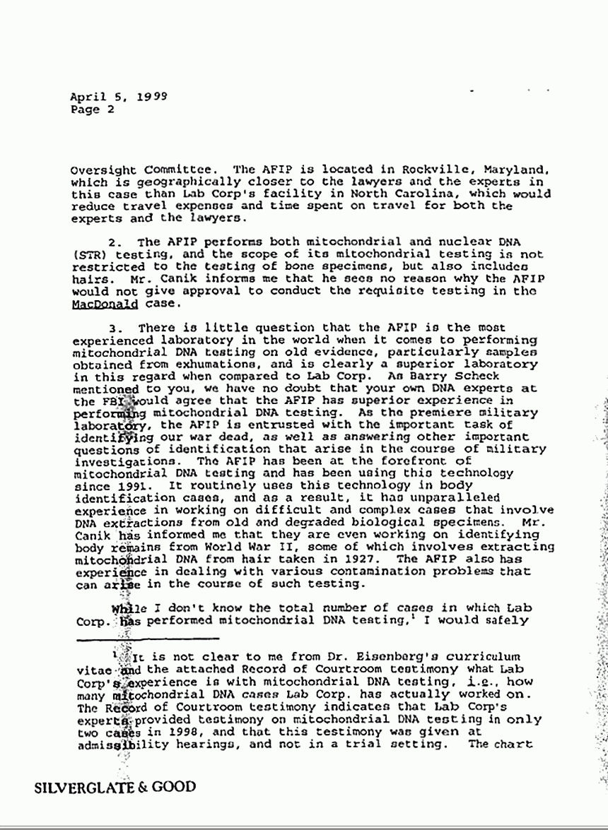 April 5, 1999: Letter from Philip Cormier to Brian Murtagh re: Defense's choice of lab for DNA testing, p. 2 of 6