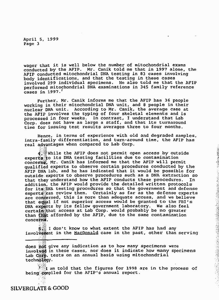 April 5, 1999: Letter from Philip Cormier to Brian Murtagh re: Defense's choice of lab for DNA testing, p. 3 of 6