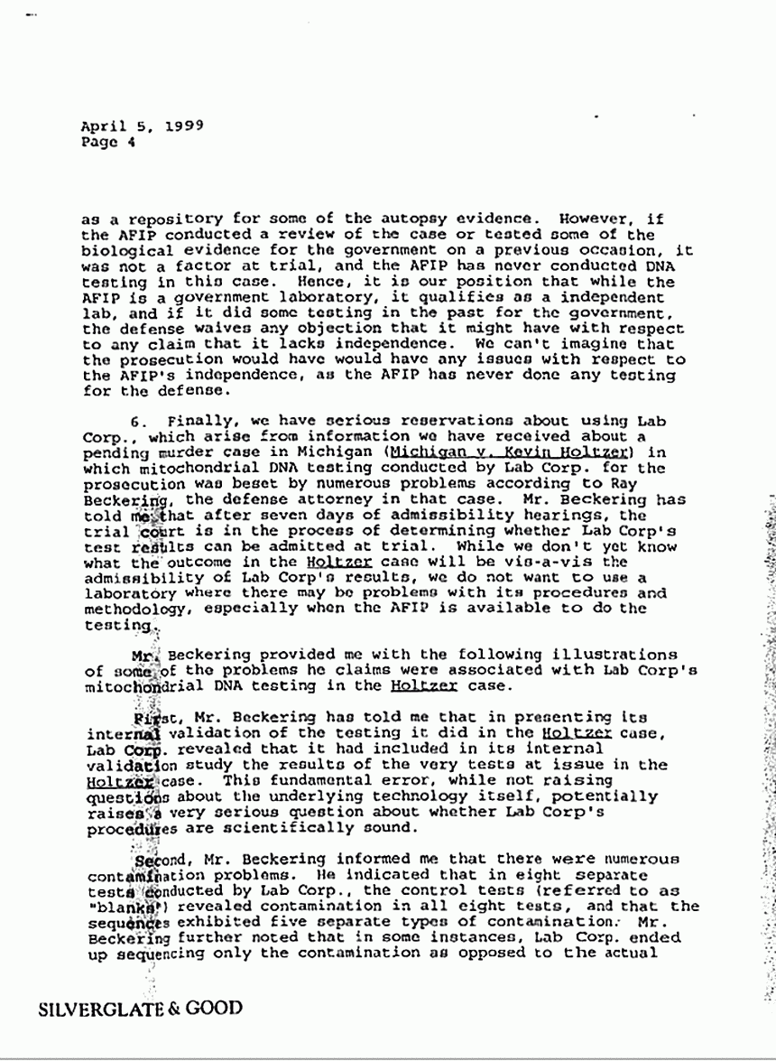 April 5, 1999: Letter from Philip Cormier to Brian Murtagh re: Defense's choice of lab for DNA testing, p. 4 of 6