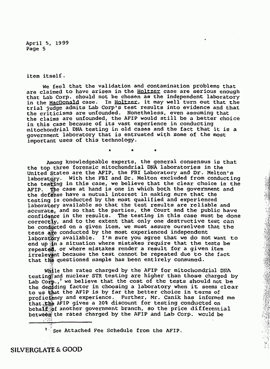 April 5, 1999: Letter from Philip Cormier to Brian Murtagh re: Defense's choice of lab for DNA testing, p. 5 of 6