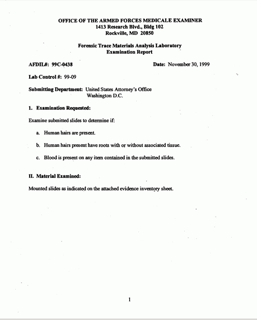November 30, 1999: AFIP/AFME Forensic Trace Materials Analysis Laboratory Examination Report by Grant Graham, p. 1 of 5