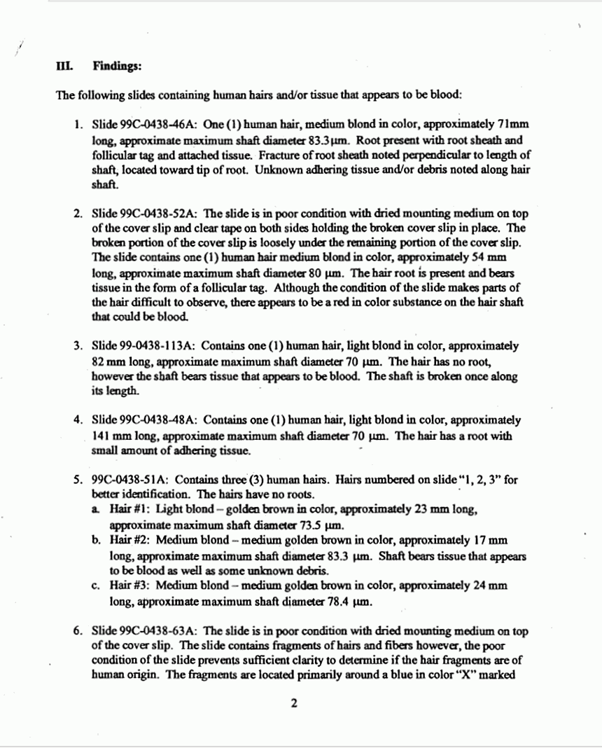 November 30, 1999: AFIP/AFME Forensic Trace Materials Analysis Laboratory Examination Report by Grant Graham, p. 2 of 5