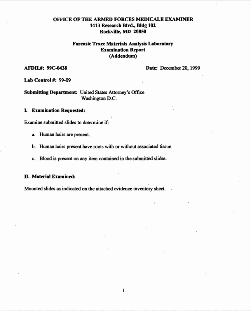 Decembe 20, 1999: AFIP/AFME Forensic Trace Materials Analysis Laboratory Examination Report by Grant Graham (Addendum), p. 1 of 3