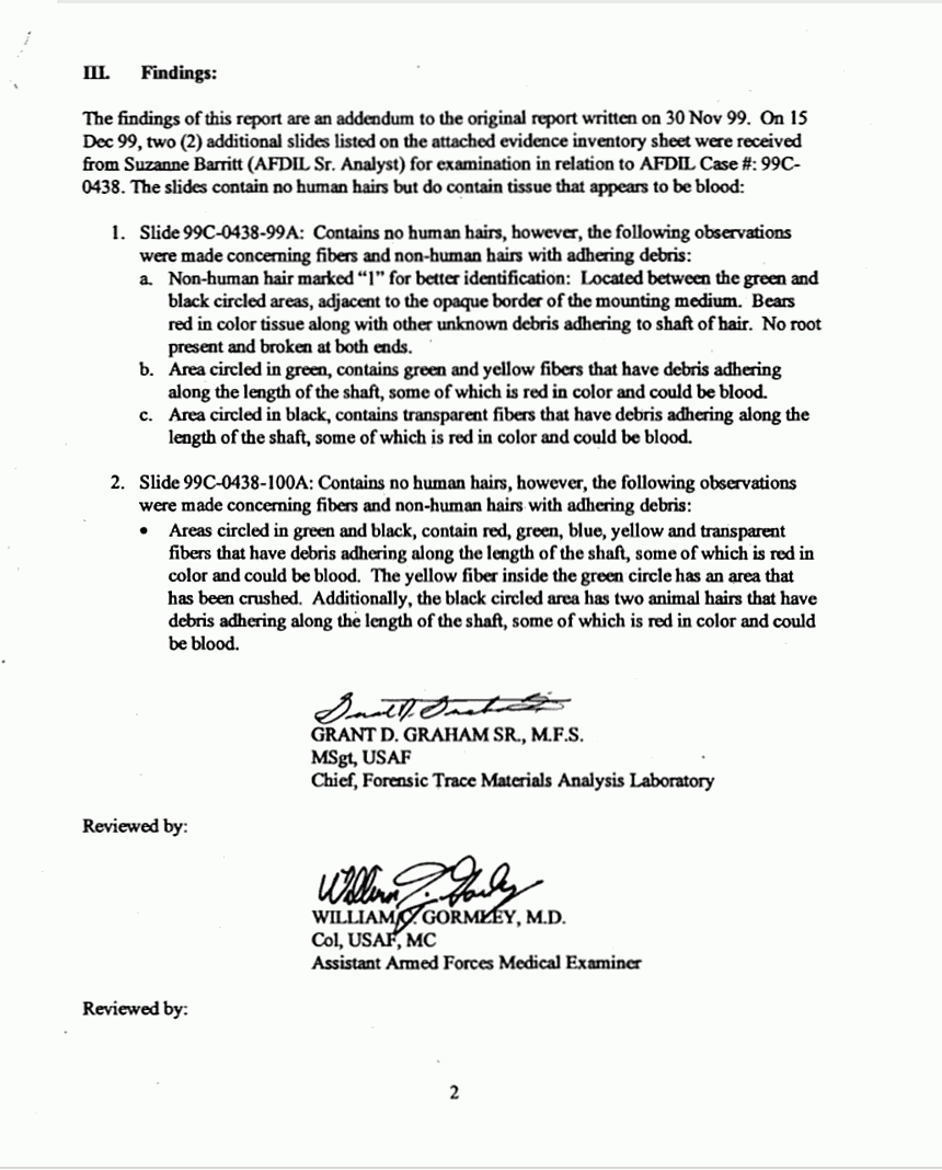 Decembe 20, 1999: AFIP/AFME Forensic Trace Materials Analysis Laboratory Examination Report by Grant Graham (Addendum), p. 2 of 3