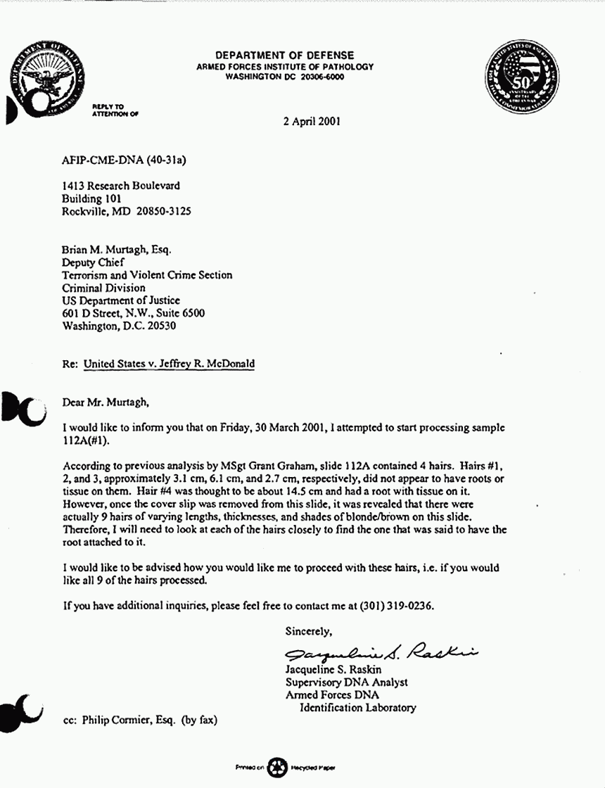 April 2, 2001: Letter from Jacqueline Raskin (DNA Analyst; AFIP) to Brian Murtagh re: Specimen 112A (hairs removed from multi-colored bedspread in east bedroom)