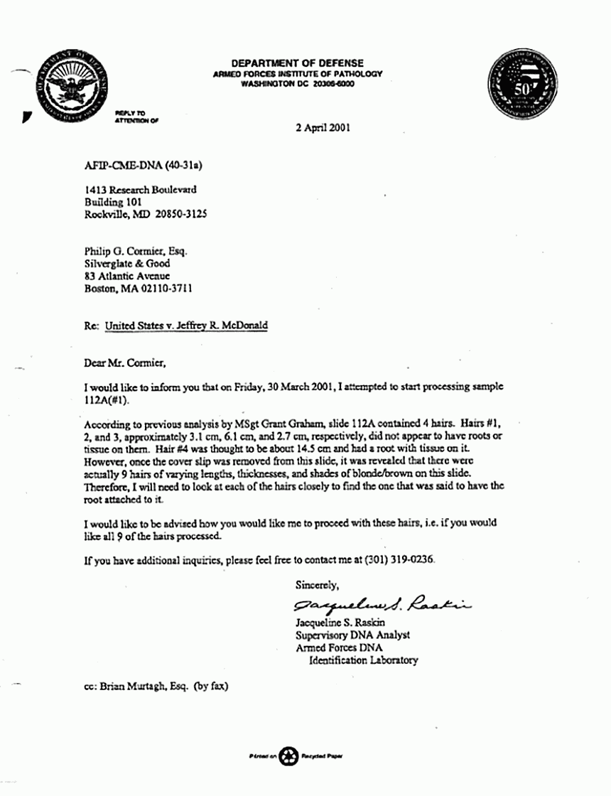 April 2, 2001: Letter from Jacqueline Raskin (DNA Analyst; AFIP) to Philip Cormier re: Specimen 112A (hairs removed from multi-colored bedspread in east bedroom)