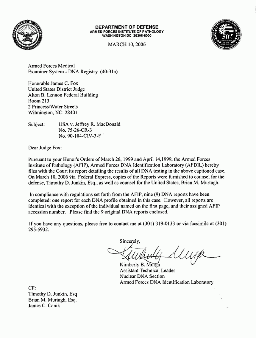 March 10, 2006: Cover letter from Kimberly Murga to Judge Fox re: DNA Test Results