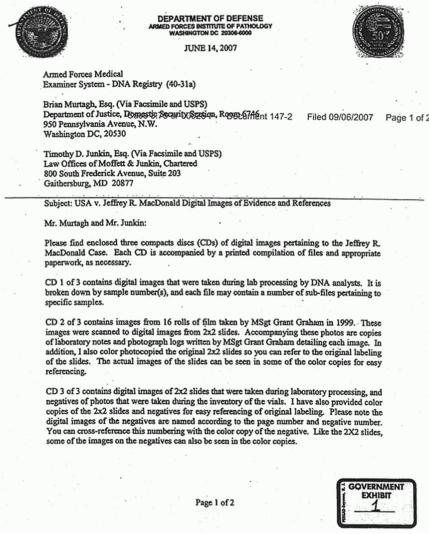 June 14, 2007: Letter from AFIP to Brian Murtagh and Timothy Junkin re: Digital Images of Evidence and References, p. 1 of 2