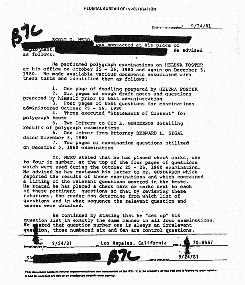 September 24, 1981: FBI File re: Scott Mero's polygraph examination of Helena Stoeckley on Oct. 25-26, 1980, p. 1 of 3