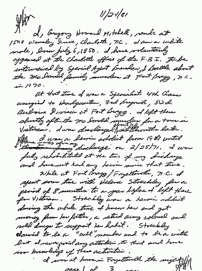 Nov. 24, 1981: Handwritten statement of Greg Mitchell, p. 1 of 3