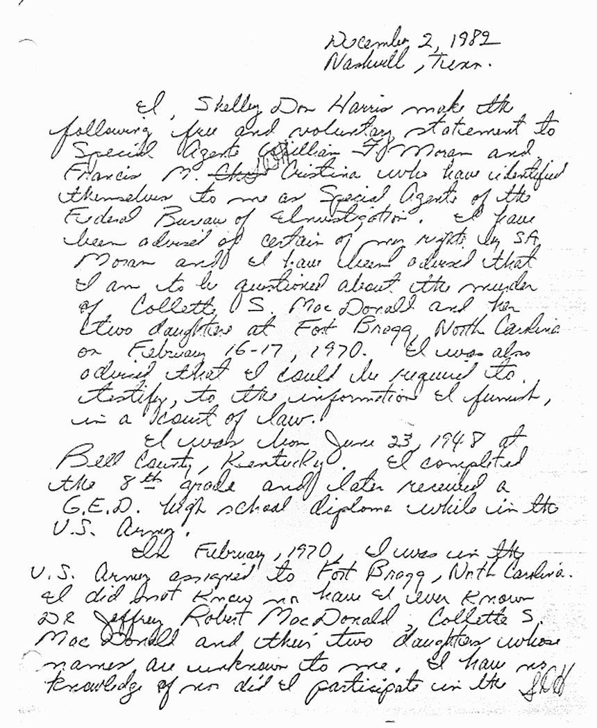 Dec. 2, 1982: Handwritten statement of Shelby Don Harris, p. 1 of 2