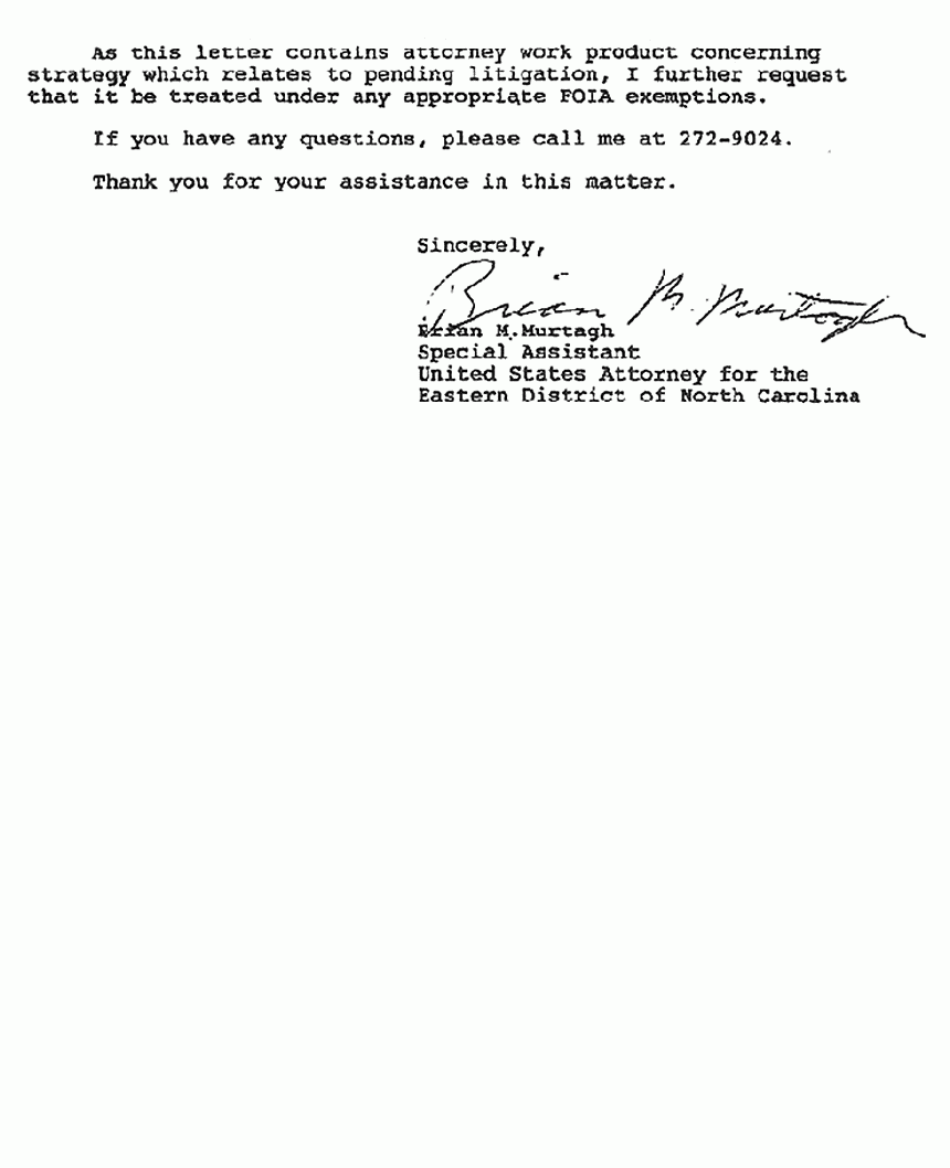 March 13, 1990: Letter from Brian Murtagh to Emil Moschella (FBI FOIA Section) re: FOIA materials reqeusted and received by Jeffrey MacDonald, p. 2 of 2