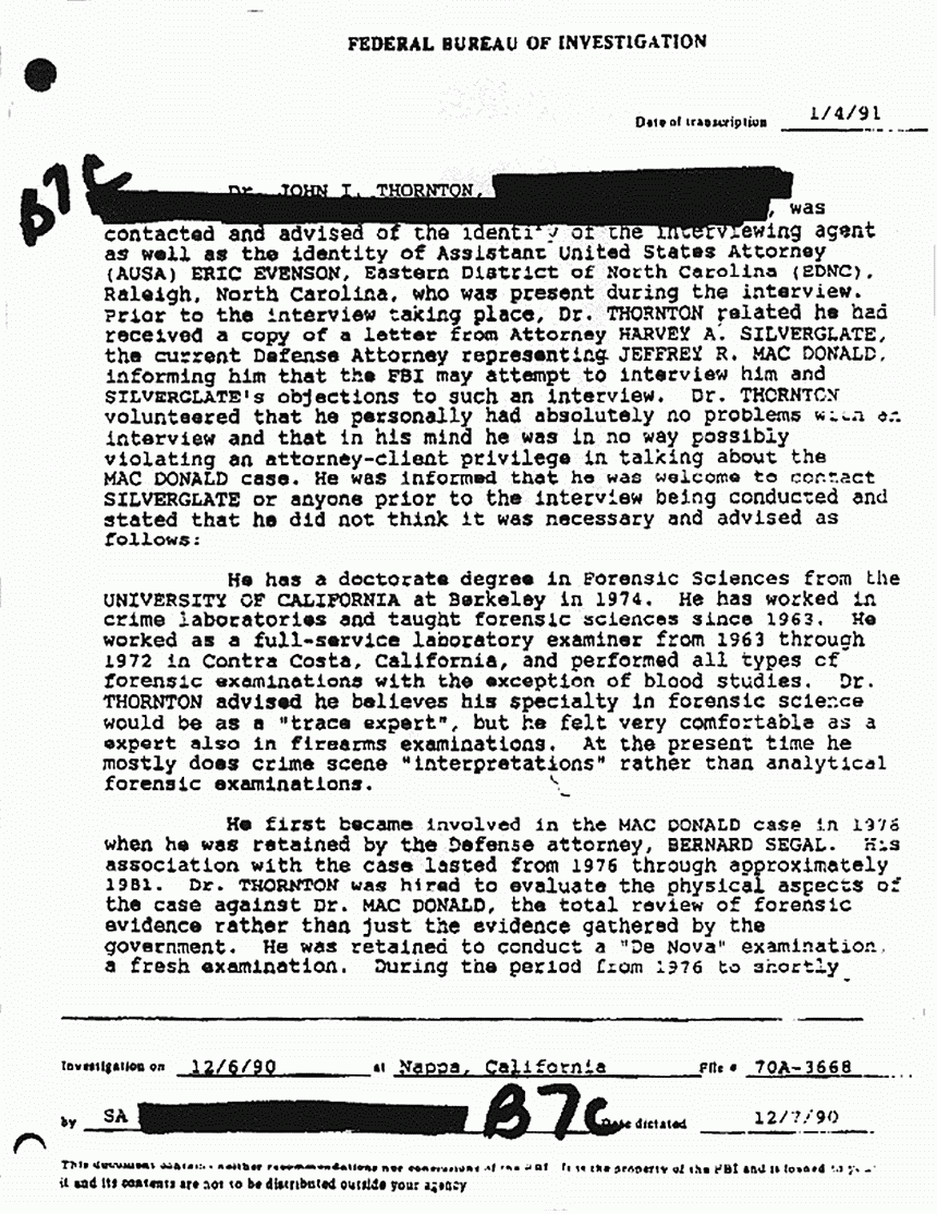 January 4, 1991: FBI File re: Dec. 6, 1990 interview of John Thornton, p. 1 of 7