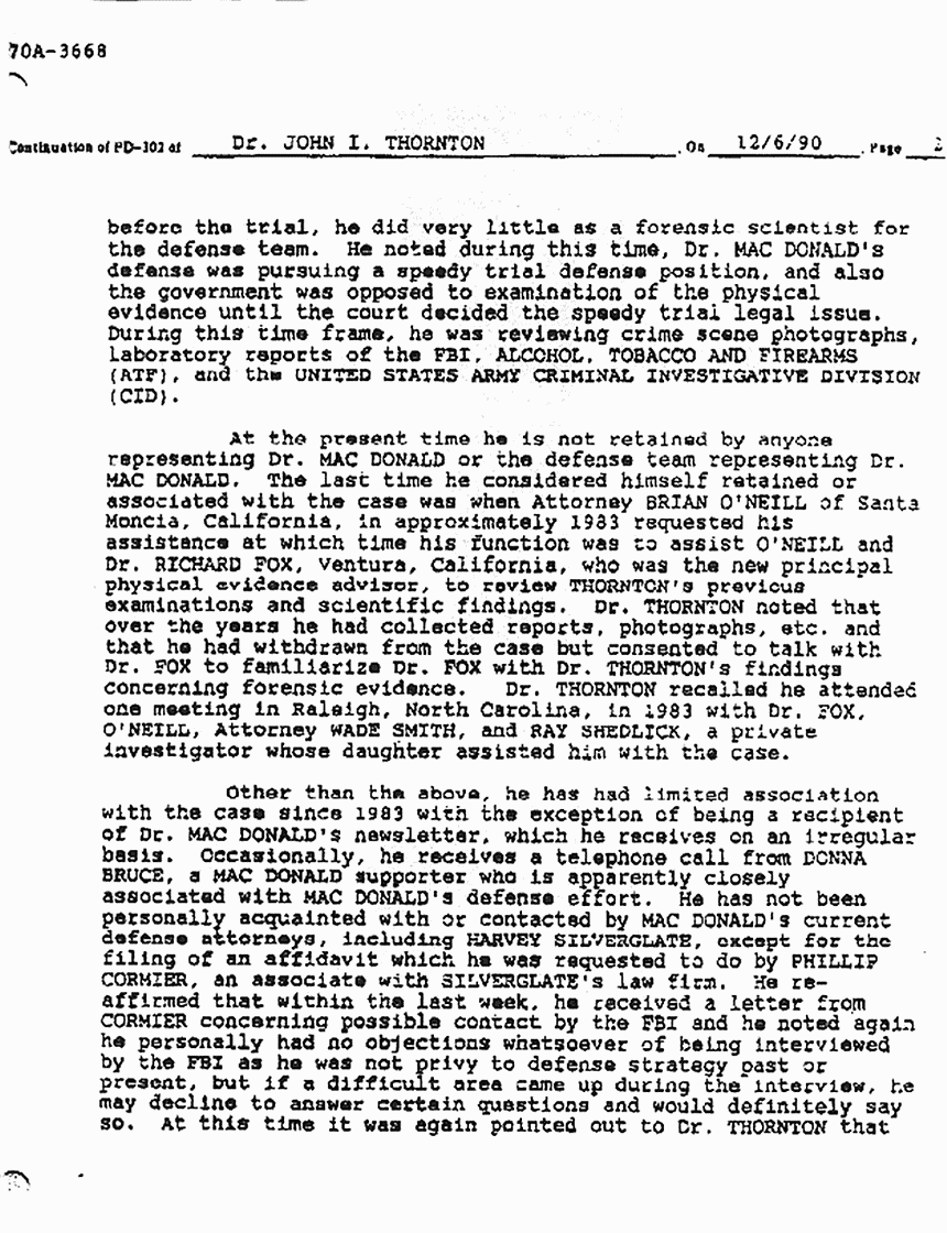 January 4, 1991: FBI File re: Dec. 6, 1990 interview of John Thornton, p. 2 of 7